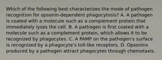 Which of the following best characterizes the mode of pathogen recognition for opsonin-dependent phagocytosis? A. A pathogen is coated with a molecule such as a complement protein that immediately lyses the cell. B. A pathogen is first coated with a molecule such as a complement protein, which allows it to be recognized by phagocytes. C. A PAMP on the pathogen's surface is recognized by a phagocyte's toll-like receptors. D. Opsonins produced by a pathogen attract phagocytes through chemotaxis.