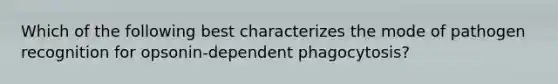 Which of the following best characterizes the mode of pathogen recognition for opsonin-dependent phagocytosis?