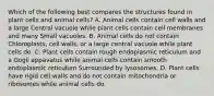 Which of the following best compares the structures found in plant cells and animal cells? A. Animal cells contain cell walls and a large Central vacuole while plant cells contain cell membranes and many Small vacuoles. B. Animal cells do not contain Chloroplasts, cell walls, or a large central vacuole while plant cells do. C. Plant cells contain rough endoplasmic reticulum and a Gogli appavatus while animal cells contain smooth endoplasmic reticulum Surrounded by lysosomes. D. Plant cells have rigid cell:walls and do not contain mitochondria or ribosomes while animal cells do.