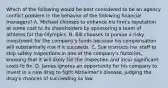 Which of the following would be best considered to be an agency conflict problem in the behavior of the following financial​ managers? A. Michael chooses to enhance his​ firm's reputation at some cost to its shareholders by sponsoring a team of athletes for the Olympics. B. Bill chooses to pursue a risky investment for the​ company's funds because his compensation will substantially rise if it succeeds. C. Sue instructs her staff to skip safety inspections in one of the​ company's factories, knowing that it will likely fail the inspection and incur significant costs to fix. D. James ignores an opportunity for his company to invest in a new drug to fight​ Alzheimer's disease, judging the​ drug's chances of succeeding as low.