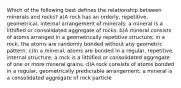 Which of the following best defines the relationship between minerals and rocks? a)A rock has an orderly, repetitive, geometrical, internal arrangement of minerals; a mineral is a lithified or consolidated aggregate of rocks. b)A mineral consists of atoms arranged in a geometrically repetitive structure; in a rock, the atoms are randomly bonded without any geometric pattern. c)In a mineral, atoms are bonded in a regular, repetitive, internal structure; a rock is a lithified or consolidated aggregate of one or more mineral grains. d)A rock consists of atoms bonded in a regular, geometrically predictable arrangement; a mineral is a consolidated aggregate of rock particle