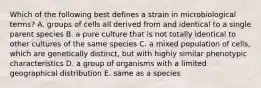 Which of the following best defines a strain in microbiological terms? A. groups of cells all derived from and identical to a single parent species B. a pure culture that is not totally identical to other cultures of the same species C. a mixed population of cells, which are genetically distinct, but with highly similar phenotypic characteristics D. a group of organisms with a limited geographical distribution E. same as a species