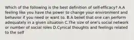 Which of the following is the best definition of self-efficacy? A.A feeling like you have the power to change your environment and behavior if you need or want to. B.A belief that one can perform adequately in a given situation C.The size of one's social network or number of social roles D.Cynical thoughts and feelings related to the self