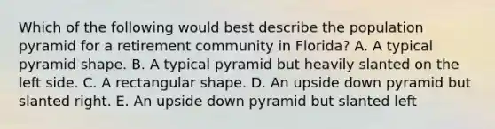 Which of the following would best describe the population pyramid for a retirement community in Florida? A. A typical pyramid shape. B. A typical pyramid but heavily slanted on the left side. C. A rectangular shape. D. An upside down pyramid but slanted right. E. An upside down pyramid but slanted left