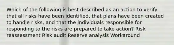 Which of the following is best described as an action to verify that all risks have been identified, that plans have been created to handle risks, and that the individuals responsible for responding to the risks are prepared to take action? Risk reassessment Risk audit Reserve analysis Workaround