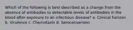 Which of the following is best described as a change from the absence of antibodies to detectable levels of antibodies in the blood after exposure to an infectious disease? a. Clinical horizon b. Virulence c. Chemotaxis d. Seroconversion