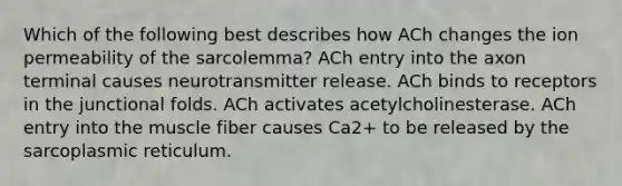 Which of the following best describes how ACh changes the ion permeability of the sarcolemma? ACh entry into the axon terminal causes neurotransmitter release. ACh binds to receptors in the junctional folds. ACh activates acetylcholinesterase. ACh entry into the muscle fiber causes Ca2+ to be released by the sarcoplasmic reticulum.