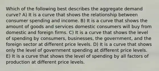 Which of the following best describes the aggregate demand curve? A) It is a curve that shows the relationship between consumer spending and income. B) It is a curve that shows the amount of goods and services domestic consumers will buy from domestic and foreign firms. C) It is a curve that shows the level of spending by consumers, businesses, the government, and the foreign sector at different price levels. D) It is a curve that shows only the level of government spending at different price levels. E) It is a curve that shows the level of spending by all factors of production at different price levels.