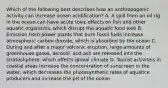 Which of the following best describes how an anthropogenic activity can increase ocean acidification? A. A spill from an oil rig in the ocean can have acute toxic effects on fish and other aquatic organisms, which disrupt the aquatic food web B. Emission from power plants that burn fossil fuels increase atmospheric carbon dioxide, which is absorbed by the ocean C. During and after a major volcanic eruption, large amounts of greenhouse gases, aerosol, and ash are released into the stratoshphere, which affects global climate D. Tourist activiteis in coastal areas increase the concentration of sunscreen in the water, which decreases the photosynthetic rates of aquatice producers and increase the pH of the ocean