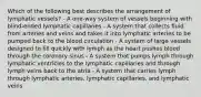 Which of the following best describes the arrangement of lymphatic vessels? - A one-way system of vessels beginning with blind-ended lymphatic capillaries - A system that collects fluid from arteries and veins and takes it into lymphatic arteries to be pumped back to the blood circulation - A system of large vessels designed to fill quickly with lymph as the heart pushes blood through the coronary sinus - A system that pumps lymph through lymphatic ventricles to the lymphatic capillaries and through lymph veins back to the atria - A system that carries lymph through lymphatic arteries, lymphatic capillaries, and lymphatic veins