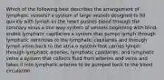 Which of the following best describes the arrangement of lymphatic vessels? a system of large vessels designed to fill quickly with lymph as the heart pushes blood through the coronary sinus a one-way system of vessels beginning with blind-ended lymphatic capillaries a system that pumps lymph through lymphatic ventricles to the lymphatic capillaries and through lymph veins back to the atria a system that carries lymph through lymphatic arteries, lymphatic capillaries, and lymphatic veins a system that collects fluid from arteries and veins and takes it into lymphatic arteries to be pumped back to the blood circulation