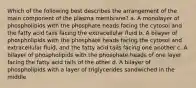 Which of the following best describes the arrangement of the main component of the plasma membrane? a. A monolayer of phospholipids with the phosphate heads facing the cytosol and the fatty acid tails facing the extracellular fluid b. A bilayer of phospholipids with the phosphate heads facing the cytosol and extracellular fluid, and the fatty acid tails facing one another c. A bilayer of phospholipids with the phosphate heads of one layer facing the fatty acid tails of the other d. A bilayer of phospholipids with a layer of triglycerides sandwiched in the middle