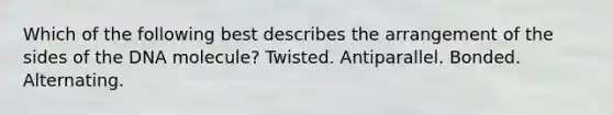 Which of the following best describes the arrangement of the sides of the DNA molecule? Twisted. Antiparallel. Bonded. Alternating.