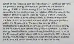 Which of the following best describes how ATP synthase converts the potential energy of the proton gradient to the chemical energy of ATP? a. Kinetic energy from the flow of protons is converted to the kinetic energy of rotation of the Fo subunit; the rotation of the Fo subunit leads to rotation of the F1 subunit, which can then catalyze ATP synthesis. b. Kinetic energy from the flow of protons is stored in a new electrochemical gradient within the F0 subunit. c. The potential energy of the electrochemical gradient, in turn, is converted to kinetic energy in the F1 subunit and used to catalyze ATP synthesis. d. Kinetic energy from the flow of protons through the F0 subunit reduces the F1 subunit, which allows ADP to be oxidized to ATP. e. Kinetic energy from the flow of protons through the F0 subunit oxidizes the F1 subunit, which allows ADP to be reduced to ATP.