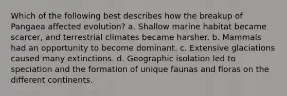 Which of the following best describes how the breakup of Pangaea affected evolution? a. Shallow marine habitat became scarcer, and terrestrial climates became harsher. b. Mammals had an opportunity to become dominant. c. Extensive glaciations caused many extinctions. d. Geographic isolation led to speciation and the formation of unique faunas and floras on the different continents.