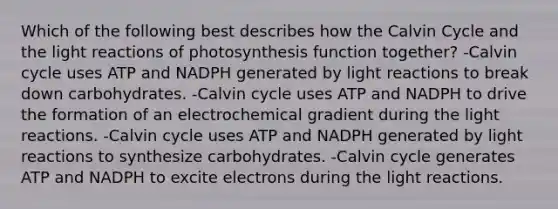 Which of the following best describes how the Calvin Cycle and the light reactions of photosynthesis function together? -Calvin cycle uses ATP and NADPH generated by light reactions to break down carbohydrates. -Calvin cycle uses ATP and NADPH to drive the formation of an electrochemical gradient during the light reactions. -Calvin cycle uses ATP and NADPH generated by light reactions to synthesize carbohydrates. -Calvin cycle generates ATP and NADPH to excite electrons during the light reactions.