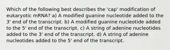 Which of the following best describes the 'cap' modification of eukaryotic mRNA? a) A modified guanine nucleotide added to the 3' end of the transcript. b) A modified guanine nucleotide added to the 5' end of the transcript. c) A string of adenine nucleotides added to the 3' end of the transcript. d) A string of adenine nucleotides added to the 5' end of the transcript.