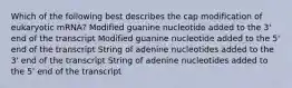 Which of the following best describes the cap modification of eukaryotic mRNA? Modified guanine nucleotide added to the 3' end of the transcript Modified guanine nucleotide added to the 5' end of the transcript String of adenine nucleotides added to the 3' end of the transcript String of adenine nucleotides added to the 5' end of the transcript