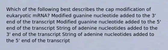 Which of the following best describes the cap modification of eukaryotic mRNA? Modified guanine nucleotide added to the 3' end of the transcript Modified guanine nucleotide added to the 5' end of the transcript String of adenine nucleotides added to the 3' end of the transcript String of adenine nucleotides added to the 5' end of the transcript