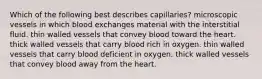 Which of the following best describes capillaries? microscopic vessels in which blood exchanges material with the interstitial fluid. thin walled vessels that convey blood toward the heart. thick walled vessels that carry blood rich in oxygen. thin walled vessels that carry blood deficient in oxygen. thick walled vessels that convey blood away from the heart.