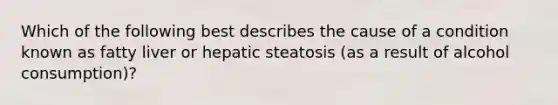 Which of the following best describes the cause of a condition known as fatty liver or hepatic steatosis (as a result of alcohol consumption)?