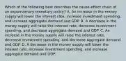 Which of the following best describes the cause-effect chain of an expansionary monetary policy? A. An increase in the money supply will lower the interest rate, increase investment spending, and increase aggregate demand and GDP. B. A decrease in the money supply will raise the interest rate, decrease investment spending, and decrease aggregate demand and GDP. C. An increase in the money supply will raise the interest rate, decrease investment spending, and decrease aggregate demand and GDP. D. A decrease in the money supply will lower the interest rate, increase investment spending, and increase aggregate demand and GDP.