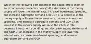 Which of the following best describes the cause-effect chain of an expansionary monetary policy? A) a decrease in the money supply will lower the interest rate, increase investment spending, and increase aggregate demand and GDP B) a decrease in the money supply will raise the interest rate, decrease investment spending, and decrease aggregate demand and GDP C) an increase in the money supply will raise the interest rate, decrease investment spending, and decrease aggregate demand and GDP D) an increase in the money supply will lower the interest rate, increase investment spending, and increase aggregate demand and GDP