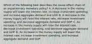 Which of the following best describes the cause-effect chain of an expansionary monetary policy? A. A decrease in the money supply will lower the interest rate, increase investment spending, and increase aggregate demand and GDP. B. A decrease in the money supply will raise the interest rate, decrease investment spending, and decrease aggregate demand and GDP. C. An increase in the money supply will raise the interest rate, decrease investment spending, and decrease aggregate demand and GDP. D. An increase in the money supply will lower the interest rate, increase investment spending, and increase aggregate demand and GDP.