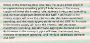 Which of the following best describes the cause-effect chain of an expansionary monetary policy? A decrease in the money supply will lower the interest rate, increase investment spending, and increase aggregate demand and GDP. A decrease in the money supply will raise the interest rate, decrease investment spending, and decrease aggregate demand and GDP. An increase in the money supply will raise the interest rate, decrease investment spending, and decrease aggregate demand and GDP. An increase in the money supply will lower the interest rate, increase investment spending, and increase aggregate demand and GDP.