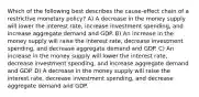 Which of the following best describes the cause-effect chain of a restrictive monetary policy? A) A decrease in the money supply will lower the interest rate, increase investment spending, and increase aggregate demand and GDP. B) An increase in the money supply will raise the interest rate, decrease investment spending, and decrease aggregate demand and GDP. C) An increase in the money supply will lower the interest rate, decrease investment spending, and increase aggregate demand and GDP. D) A decrease in the money supply will raise the interest rate, decrease investment spending, and decrease aggregate demand and GDP.