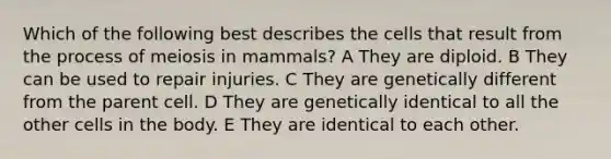 Which of the following best describes the cells that result from the process of meiosis in mammals? A They are diploid. B They can be used to repair injuries. C They are genetically different from the parent cell. D They are genetically identical to all the other cells in the body. E They are identical to each other.