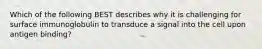 Which of the following BEST describes why it is challenging for surface immunoglobulin to transduce a signal into the cell upon antigen binding?