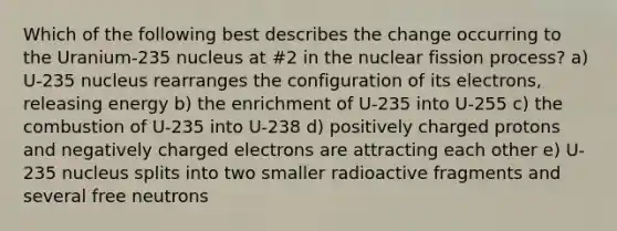 Which of the following best describes the change occurring to the Uranium-235 nucleus at #2 in the nuclear fission process? a) U-235 nucleus rearranges the configuration of its electrons, releasing energy b) the enrichment of U-235 into U-255 c) the combustion of U-235 into U-238 d) positively charged protons and negatively charged electrons are attracting each other e) U-235 nucleus splits into two smaller radioactive fragments and several free neutrons