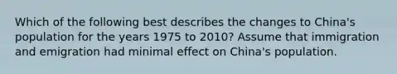 Which of the following best describes the changes to China's population for the years 1975 to 2010? Assume that immigration and emigration had minimal effect on China's population.