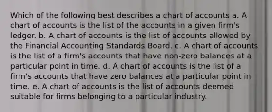 Which of the following best describes a chart of accounts a. A chart of accounts is the list of the accounts in a given firm's ledger. b. A chart of accounts is the list of accounts allowed by the Financial Accounting Standards Board. c. A chart of accounts is the list of a firm's accounts that have non-zero balances at a particular point in time. d. A chart of accounts is the list of a firm's accounts that have zero balances at a particular point in time. e. A chart of accounts is the list of accounts deemed suitable for firms belonging to a particular industry.