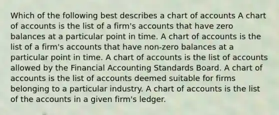 Which of the following best describes a chart of accounts A chart of accounts is the list of a firm's accounts that have zero balances at a particular point in time. A chart of accounts is the list of a firm's accounts that have non-zero balances at a particular point in time. A chart of accounts is the list of accounts allowed by the Financial Accounting Standards Board. A chart of accounts is the list of accounts deemed suitable for firms belonging to a particular industry. A chart of accounts is the list of the accounts in a given firm's ledger.