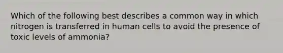 Which of the following best describes a common way in which nitrogen is transferred in human cells to avoid the presence of toxic levels of ammonia?