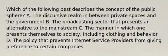 Which of the following best describes the concept of the public sphere? A. The discursive realm in between private spaces and the government B. The broadcasting sector that presents an alternative to the mainstream C. The manner in which one presents themselves to society, including clothing and behavior D. The policy that prevents Internet Service Providers from giving preference to certain companies