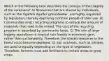 Which of the following best describes the concept of the tragedy of the commons? A) Resources that are shared by individuals, such as the Ogallala Aquifer groundwater, are highly regulated by legislation, thereby depriving common people of their use. B) Communities enact recycling programs to reduce the amount of materials that need to be mined. The cost of the recycling program is absorbed by community taxes. C) The aim of large logging operations in tropical rain forests is economic gain, rather than sustainability. Therefore, the shared resources in the forest could become depleted. D) Soil nutrients, such as nitrates, are used unequally depending on the type of vegetation. Therefore, farmers must add fertilizers to certain areas to grow crops.