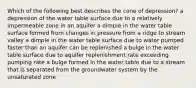 Which of the following best describes the cone of depression? a depression of the water table surface due to a relatively impermeable zone in an aquifer a dimple in the water table surface formed from changes in pressure from a ridge to stream valley a dimple in the water table surface due to water pumped faster than an aquifer can be replenished a bulge in the water table surface due to aquifer replenishment rate exceeding pumping rate a bulge formed in the water table due to a stream that is separated from the groundwater system by the unsaturated zone