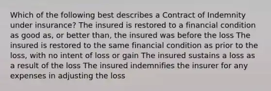 Which of the following best describes a Contract of Indemnity under insurance? The insured is restored to a financial condition as good as, or better than, the insured was before the loss The insured is restored to the same financial condition as prior to the loss, with no intent of loss or gain The insured sustains a loss as a result of the loss The insured indemnifies the insurer for any expenses in adjusting the loss