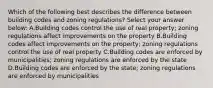 Which of the following best describes the difference between building codes and zoning regulations? Select your answer below: A.Building codes control the use of real property; zoning regulations affect improvements on the property B.Building codes affect improvements on the property; zoning regulations control the use of real property C.Building codes are enforced by municipalities; zoning regulations are enforced by the state D.Building codes are enforced by the state; zoning regulations are enforced by municipalities