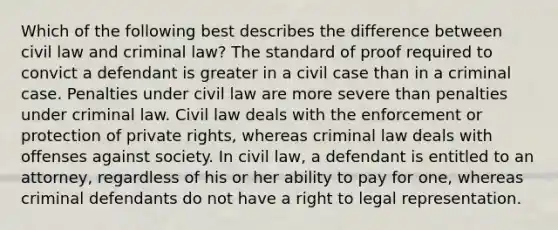 Which of the following best describes the difference between civil law and criminal law? The standard of proof required to convict a defendant is greater in a civil case than in a criminal case. Penalties under civil law are more severe than penalties under criminal law. Civil law deals with the enforcement or protection of private rights, whereas criminal law deals with offenses against society. ​In civil law, a defendant is entitled to an attorney, regardless of his or her ability to pay for one, whereas criminal defendants do not have a right to legal representation.