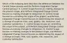 Which of the following best describes the difference between the Control Scope process and the Perform Integrated Change Control process? A. Control Scope focuses on making changes to the product scope, and Perform Integrated Change Control focuses on making changes to integration. B. Control Scope focuses on controlling the scope of the project, and Perform Integrated Change Control focuses on determining the impact of a change of scope on time, cost, quality, risk, resources, and customer satisfaction. C. Control Scope iocuses on controlling the scope of the project, and Perform Integrated Change Control focuses on making changes to integration. D. Control Scope focuses on making changes to the product scope, and Perform Integrated Change Control focuses on determining the impact of a change to scope, time, cost, quality, risk, resources, and customer satisfaction