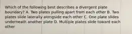 Which of the following best describes a divergent plate boundary? A. Two plates pulling apart from each other B. Two plates slide laterally alongside each other C. One plate slides underneath another plate D. Multiple plates slide toward each other