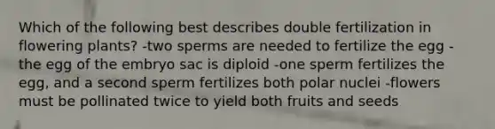 Which of the following best describes double fertilization in flowering plants? -two sperms are needed to fertilize the egg -the egg of the embryo sac is diploid -one sperm fertilizes the egg, and a second sperm fertilizes both polar nuclei -flowers must be pollinated twice to yield both fruits and seeds