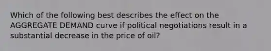 Which of the following best describes the effect on the AGGREGATE DEMAND curve if political negotiations result in a substantial decrease in the price of oil?