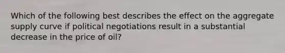 Which of the following best describes the effect on the aggregate supply curve if political negotiations result in a substantial decrease in the price of oil?