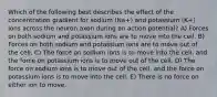 Which of the following best describes the effect of the concentration gradient for sodium (Na+) and potassium (K+) ions across the neuron axon during an action potential? A) Forces on both sodium and potassium ions are to move into the cell. B) Forces on both sodium and potassium ions are to move out of the cell. C) The force on sodium ions is to move into the cell, and the force on potassium ions is to move out of the cell. D) The force on sodium ions is to move out of the cell, and the force on potassium ions is to move into the cell. E) There is no force on either ion to move.