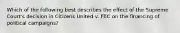 Which of the following best describes the effect of the Supreme Court's decision in Citizens United v. FEC on the financing of political campaigns?